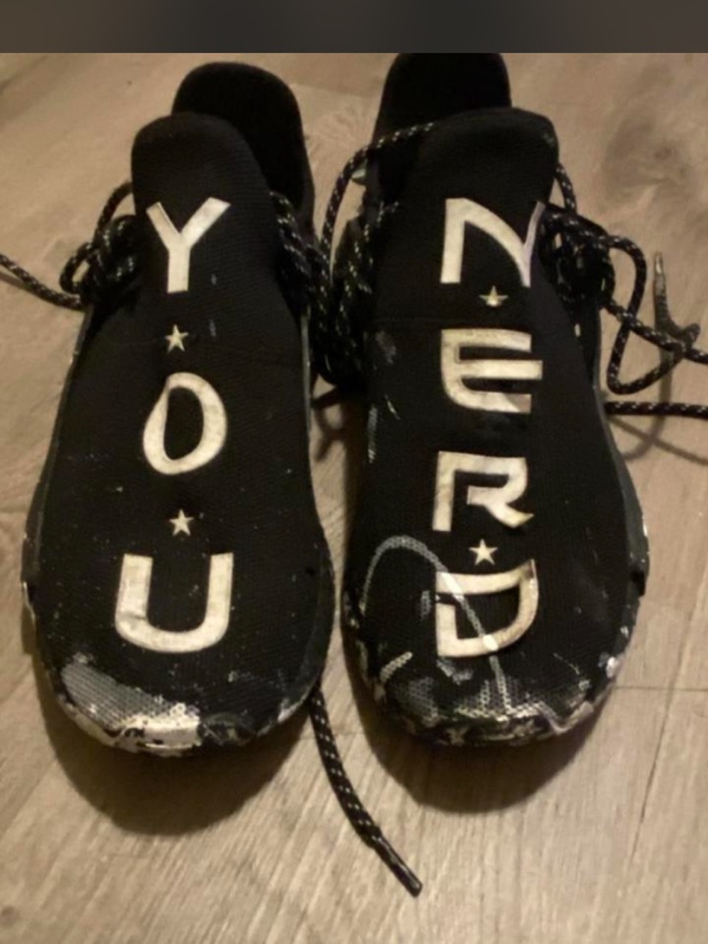 adidas Black YOU NERD Slip-On Sneakers with White Lettering